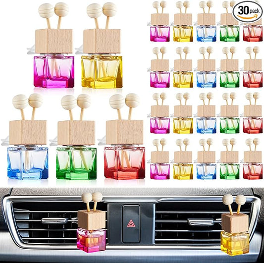 Zubebe 30 Pcs Car Diffuser Bottles Empty Bulk Vent Clip Car Air Freshener Diffuser for Essential Oil Perfume Glass Bottle with Wooden Caps Stick Fragrance Ornament (Colorful)