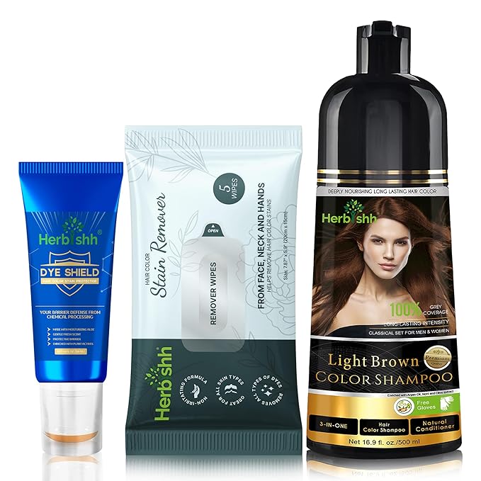 Herbishh Hair Color Shampoo for Gray Hair Light Brown 500 ML - Dye Shield or Defender - Hair Color Stain Remover Wipes - Travel Pack With 5 Wipes