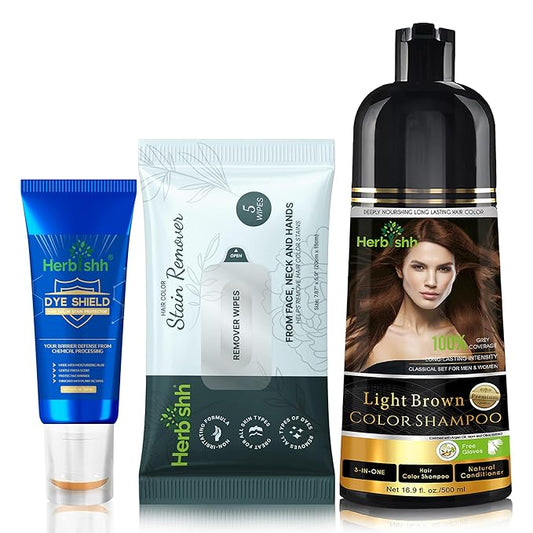 Herbishh Hair Color Shampoo for Gray Hair Light Brown 500 ML - Dye Shield or Defender - Hair Color Stain Remover Wipes - Travel Pack With 5 Wipes