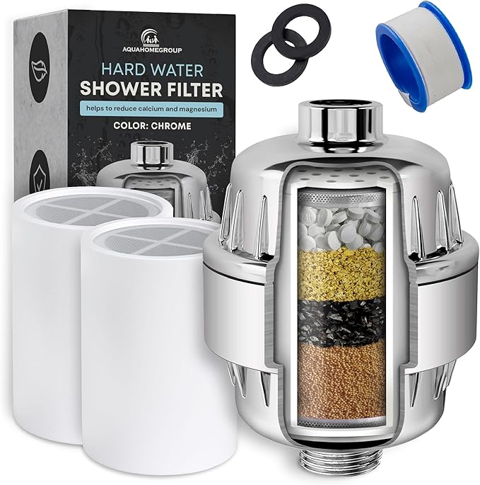 AquaHomeGroup Shower Head Filter (2 Cartridges Included) – High-Pressure Shower Filter for Particle Build up & Residue Reduction – 5 Stage Filtration with Resin, Carbon & KDF – Universal Fit