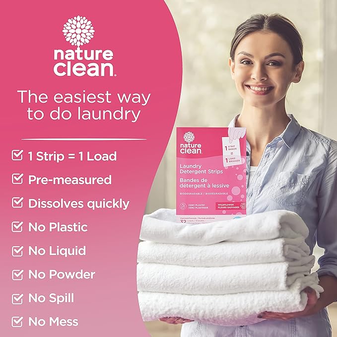 Nature Clean Non-Toxic Plastic-Free Packaging Natural Laundry Detergent Sheets 32 counts, Eco-Friendly Hypoallergenic Biodegradable Laundry Strips Travel Laundry Soap Sheets Wildflower Fragrance