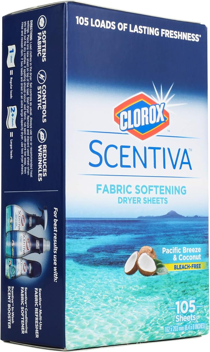 Clorox Scentiva Fabric Softening Dryer Sheets, 105 Sheets per Pack, Pacific Breeze & Coconut Scent | Bleach-Free Fabric Softener Sheets for Static Control and Reduce Wrinkles (6 Pack)