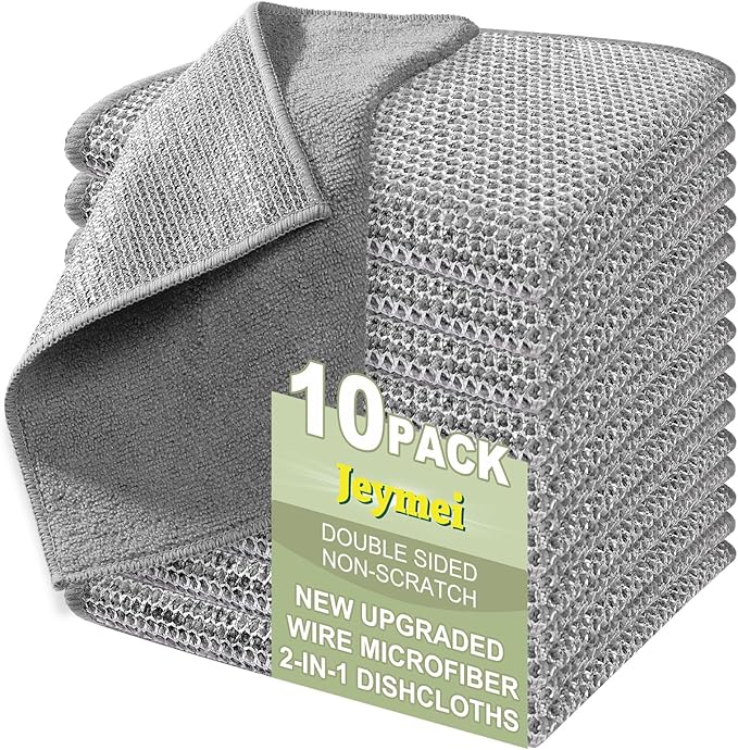 10 Counts Multipurpose Wire Dishwashing Rag,Non Scratch Wire Dishcloth for Washing Dishes,Microfiber Miracle Cleaning Cloth with Mesh,Dual-Sided Steel Mesh Cloth for Pot,Metal Scrubber,Grey