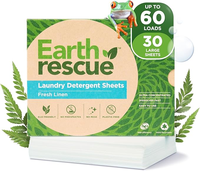 Earth Rescue Laundry Detergent Sheets - Up To 60 Loads (30 Sheets) - Ultra Concentrated Liquidless Dry Laundry Detergent, Ideal For Sensitive Skin, Eco Friendly, Plastic Free - Fresh Linen