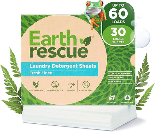 Earth Rescue Laundry Detergent Sheets - Up To 60 Loads (30 Sheets) - Ultra Concentrated Liquidless Dry Laundry Detergent, Ideal For Sensitive Skin, Eco Friendly, Plastic Free - Fresh Linen