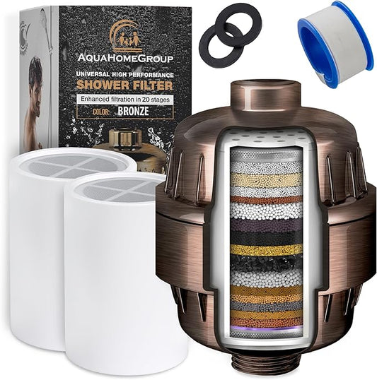 AquaHomeGroup 20 Stage Shower Head Filter with Vitamin C E A - High Output Filters to Reduce Chlorine - 2 Cartridges Included - Consistent Flow Showerhead Filter