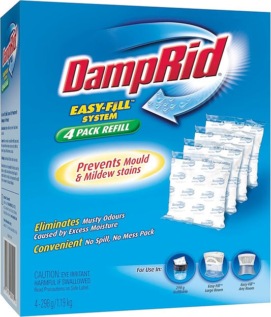 DampRid - Fragrance Free Moisture Absorber 10.5 oz. Easy Fill Refill Packs - 4 count ??Attracts & Traps Moisture for Fresher, Cleaner Air