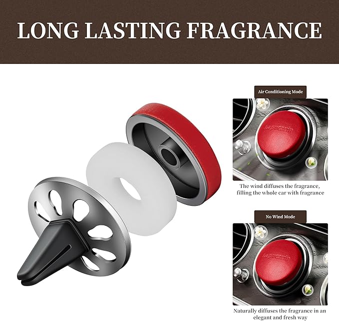 Car Air Freshener Vent Clip Fragrance Long Lasting Auto Odor Eliminator - Made with Natural Plant Extracts - Red Leather Diffuser with 2 Pieces Mistral Scent Refills