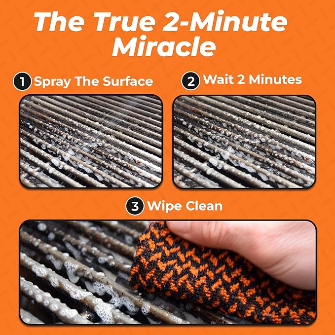 Proud Grill Company Q-Swiper 2-Minute Miracle Grill & Grate Cleaner with Scrub Clean Cloth - Degreaser Spray for BBQ, Oven, Stove, Kitchen Tops & Surfaces, Grate & Grease Remover, Smoker Cleaning Kit