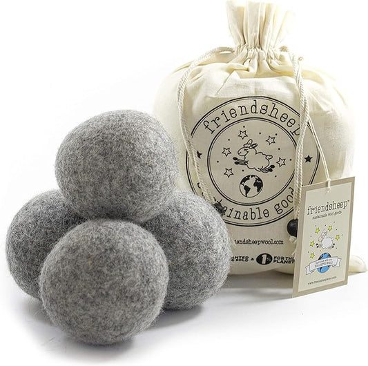 Friendsheep Wool Dryer Balls, Organic Reusable Fabric Softener Alternative for Laundry, Handmade, Fair Trade, Hypoallergenic, Eco-Friendly, Plastic-Free (4 Pack XL - Gray)