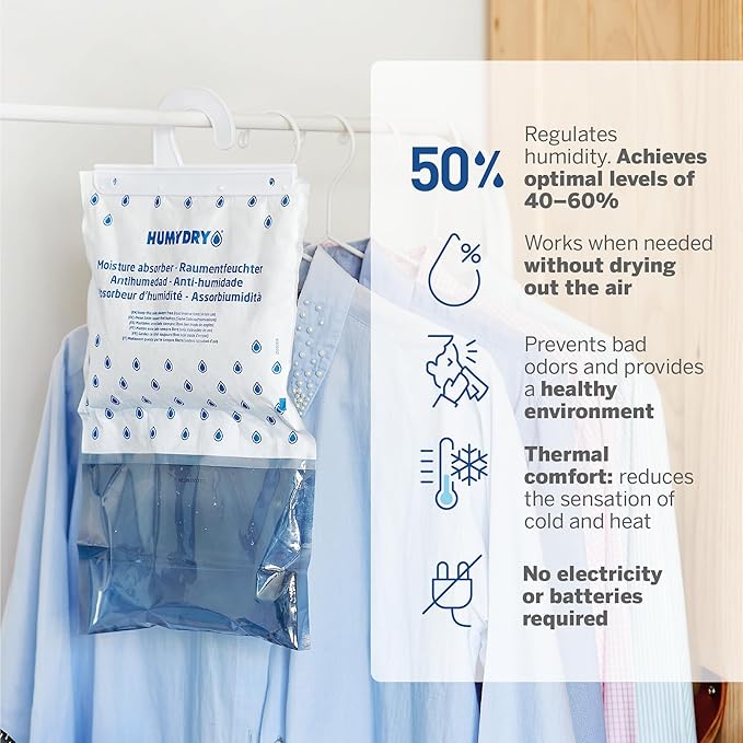 HUMYDRY Hanging Moisture Absorber for Closets, Pack of 6 Unscented 15.9 Oz Dehumidifier Bags, Non Electric Humidity Absorbers for Wardrobes Clothes Storage Areas and Small Enclosed Spaces
