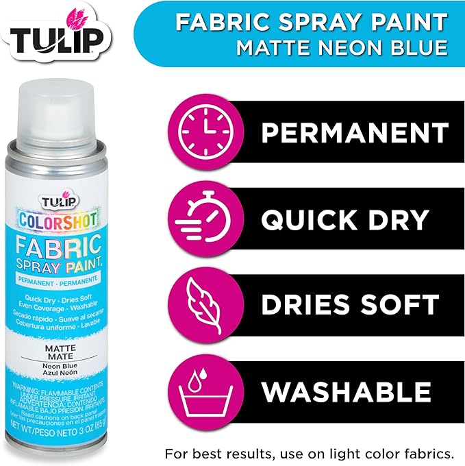 Tulip ColorShot Instant Fabric Spray Paint, Permanent Color Spray-On Fabric Paint, 3oz, Neon Blue