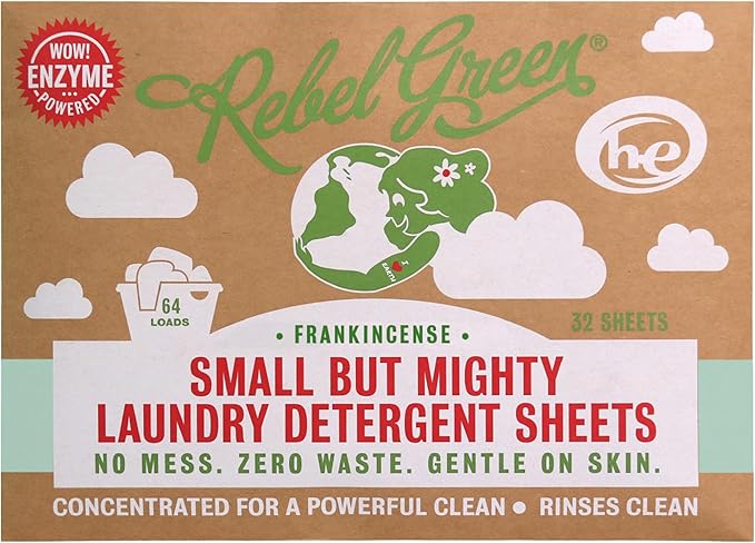 Rebel Green Small But Mighty Laundry Detergent Sheets - Enzyme Powered Laundry Solution - 32 Pre-Measured Washing Machine Sheets for 64 Loads, Frankincense Scent