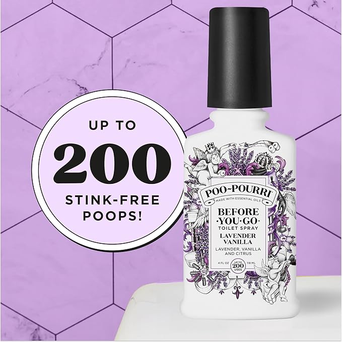 Poo-Pourri Before-You-Go Toilet Spray, Lavender Vanilla, 4 Fl Oz, Up to 200 Uses, Bathroom Odor Deodorizer, Plant-Based with Essential Oils, for Home or Work, Lavender, Vanilla and Citrus Scent