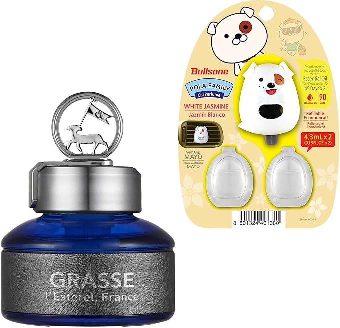 Bullsone Grasse L'esterel, Natural Car Air Fresheners, Luxury Car Perfume - Naples Blue with FREE VENT CLIP TYPE Car Air Freshener Jasmine Scent