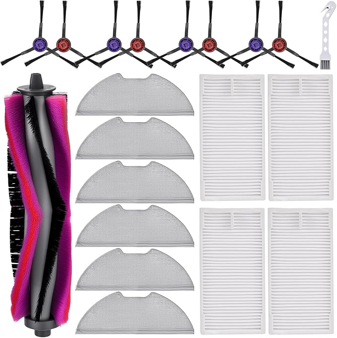 Replacement Part Accessories Kit for Eureka E10s E20 Plus Robot Vacuum Cleaner,1 Main Brush,8 Side Brush,4 Hepa Filters,6 Mop Pads(20 Pack)