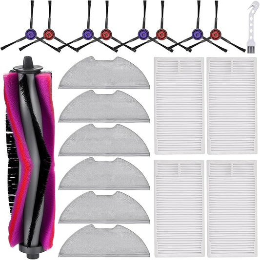 Replacement Part Accessories Kit for Eureka E10s E20 Plus Robot Vacuum Cleaner,1 Main Brush,8 Side Brush,4 Hepa Filters,6 Mop Pads(20 Pack)