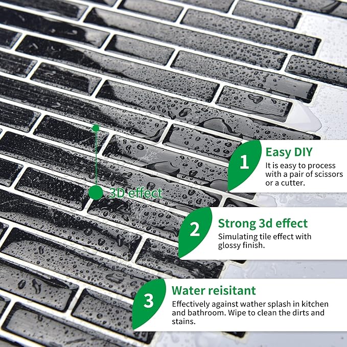 LONGKING 10-Sheet Self-Adhesive Peel and Stick Backsplash for Kitchen, Vinyl Decorative Tiles (Black)