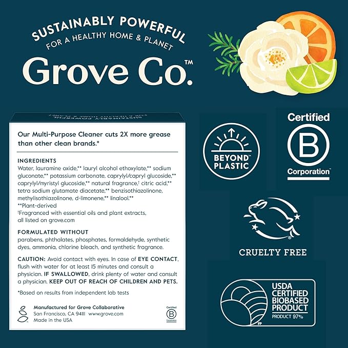 Grove Co. Multi-Purpose Cleaner, Refill Concentrate (2 x 1 Oz) + Glass Spray Bottle (16 Oz), Plant-based Household Cleaning Supplies Bundle, No Plastic Waste, Natural Lavender Blossom & Thyme Scent