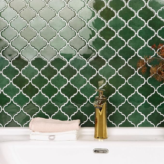 Arabesque Peel and Stick Backsplash for Kitchen, Thicker Design 3D Self Adhesive Wall Tiles, 12"x12" Adhesive Wall Backsplash, Green 10-Sheet Stick on Tile for Kitchen and Bathroom