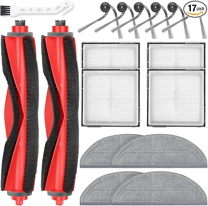 17 Pack Replacement Accessories Kit Compatible with Roborock Q10 S5/Q10 S5+/Q10 X5/Q10 X5+ Robot Vacuum, 2 Main Brush, 6 Side Brush, 4 HEPA Filter, 4 Mop Pads