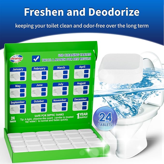 Toilet Bowl Cleaner Tablets, Leaves Bowl Sanitary, Freshens, Deodorizes, Descales & Repels Tough Stains, Helps Prevent Limescale Buildup, Safe for Septic Tanks, 24 Pack 1 Year Supply