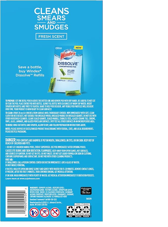 Windex Dissolve Concentrated Pods, Multisurface Cleaner Starter Kit contains 1 Reusable Bottle, 1 Concentrated Dissolvable Pod