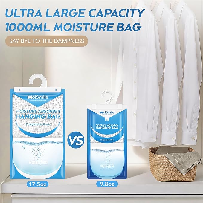 Hanging Moisture Absorbers 6 Pack Net Wt. 17.5oz/Pack, Fragrance Free Closet Dehumidifier Bags, Odor Eliminator & Humidity Absorber, Humidity Packs for Bathroom, Bedroom, Basement, Car, RV & Boat