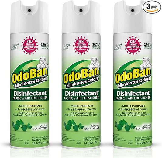 OdoBan Ready-to-Use 360-Degree Continuous Spray Disinfectant and Harsh Aroma Eliminator, Fabric and Air Freshener, 3 Pack, 14.6 Ounces Each, Original Eucalyptus Scent Clear