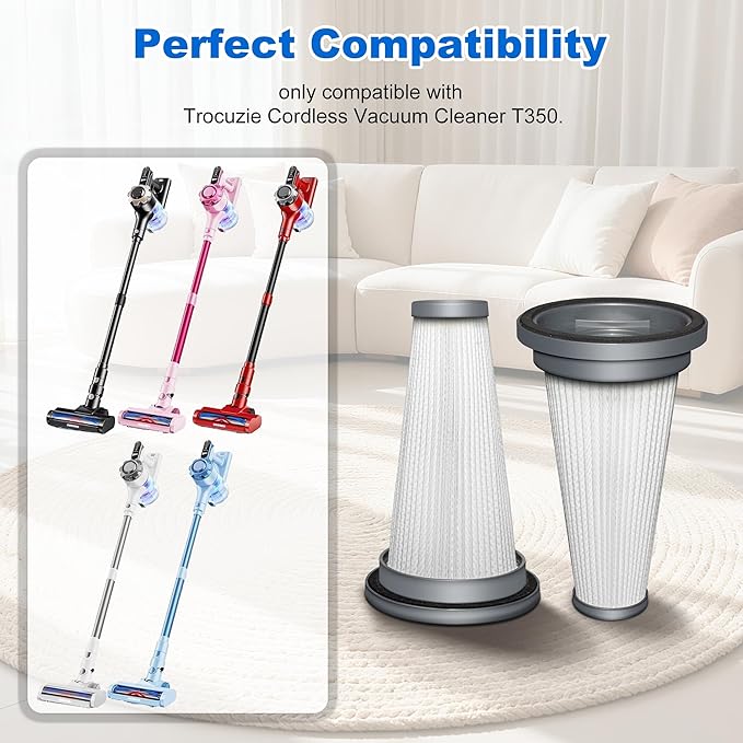 4 Pack T350 HEPA Filter Replacement Attachments Compatible with Trucozie T350 Cordless Lightweight Stick Vacuum Cleaner, 4 HEPA Filters, 1 Cleaning Brush