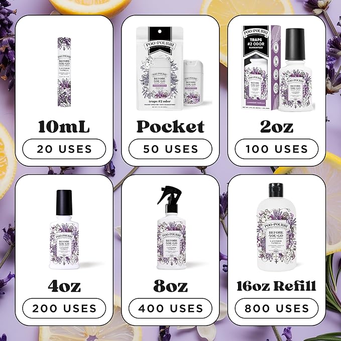 Poo-Pourri Before-You-Go 8oz Air & Toilet Freshener Lavender Vanilla Spray – Instantly Works to Trap Bathroom Odor – Plant Based Ingredients & Essential Oils – with Lavender, Vanilla & Citrus