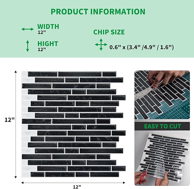 LONGKING 10-Sheet Self-Adhesive Peel and Stick Backsplash for Kitchen, Vinyl Decorative Tiles (Black)