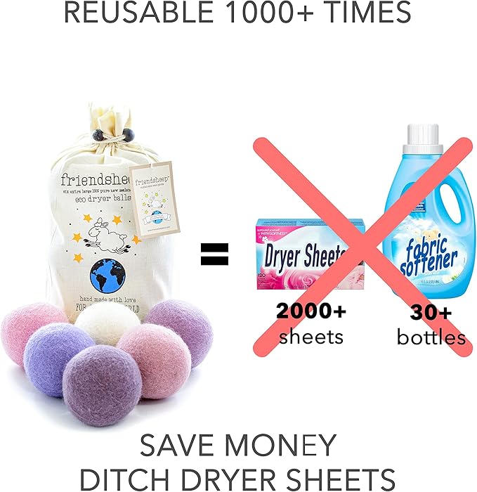 Friendsheep Wool Dryer Balls, Organic Reusable Fabric Softener Alternative for Laundry, Handmade, Fair Trade, Hypoallergenic, Eco-Friendly, Plastic-Free (6 Pack XL - Lavender Bliss)