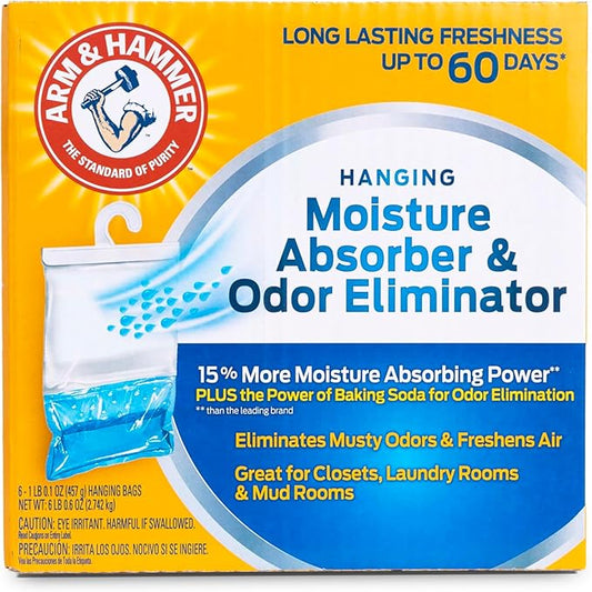 Arm & Hammer Hanging Moisture Absorber and Odor Eliminator, 16.1 oz., 6 Pack, Fragrance Free, Moisture Absorbers for Closet and Small Rooms, Long-Lasting Freshness