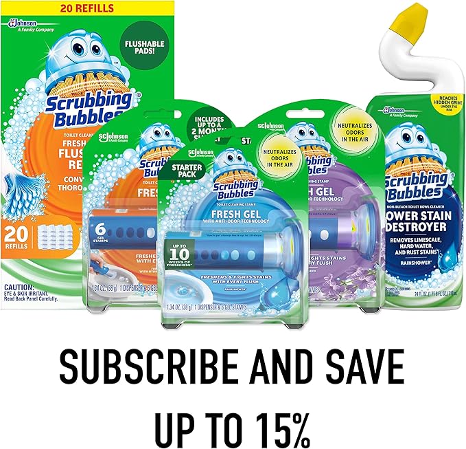 Scrubbing Bubbles Fresh Gel Toilet Bowl Cleaning Stamps, Helps Keep Toilet Clean and Helps Prevent Limescale & Rings, Rainshower Scent, 1 Dispenser with 6 Fresh Gel Stamps (Pack of 2)