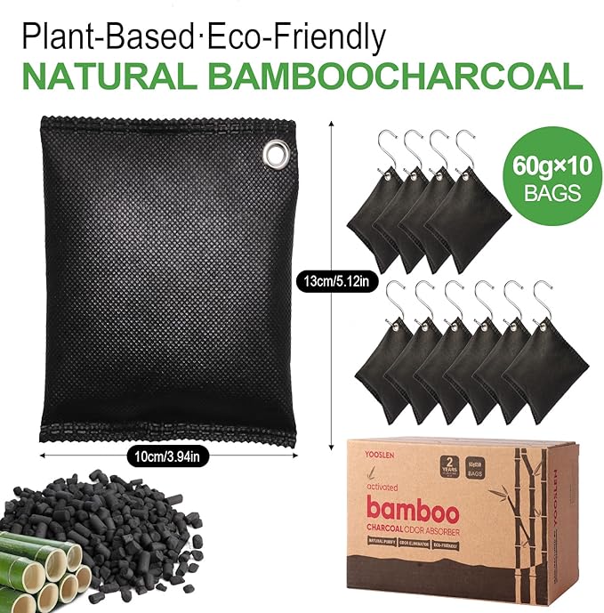 Activated Charcoal Odor Absorber, Odor Eliminator for Strong Odor,Bamboo Charcoal Air Purifying Bags for Home Car Closet Pet, Smoke Room Deodorizer (10 x 60g, Unscented)