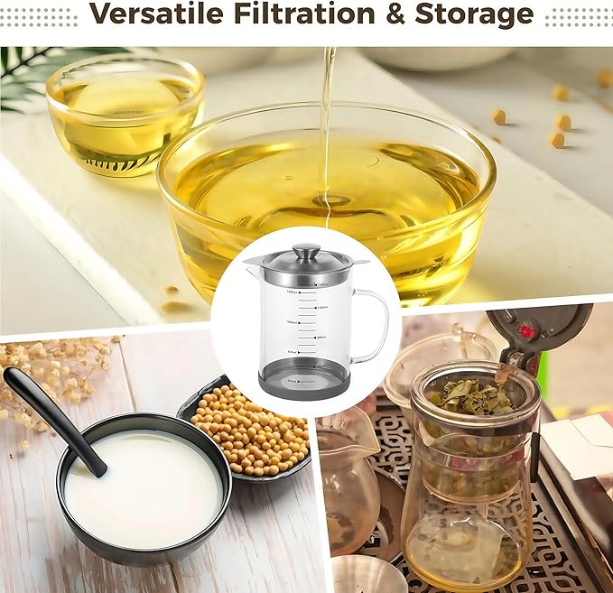 Premium Bacon Grease Saver with Strainer - Large 1.5L Grease Container for Kitchen with Stainless Steel Filter, Used Oil Storage & Bacon Drippings Keeper (50oz, Borosilicate Glass, Non-Slip Base)
