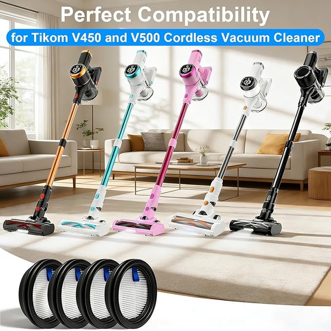 4-Pack Replacement Filter Compatible with Tikom V500 Cordless Vacuum Cleaner, High-efficiency HEPA Filtration for Tikom Cordless 40KPa/450W Stick Vacuum Model V500 and V450