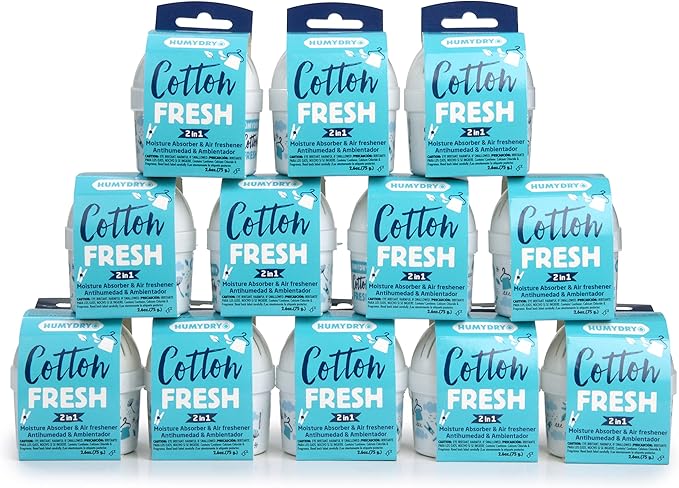 HUMYDRY Moisture Absorber Device, Mini Pack of 12 of 2.6oz, Small Space Dehumidifier and Air Freshener with Fresh Cotton Scent, Non Electric Humidity Absorber for Closet Bedroom and Compact Areas
