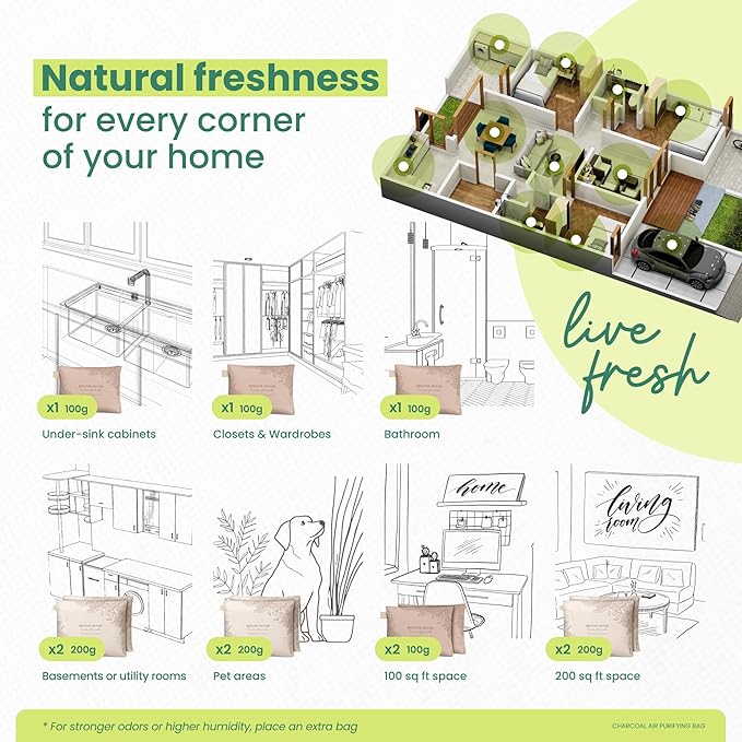Roonin Bamboo Charcoal Bags Odor Absorber (4-Pack), Natural Air Purifier & Pet Safe Deodorizer for Home, Car and Closet - Odor Remover for Strong Smells