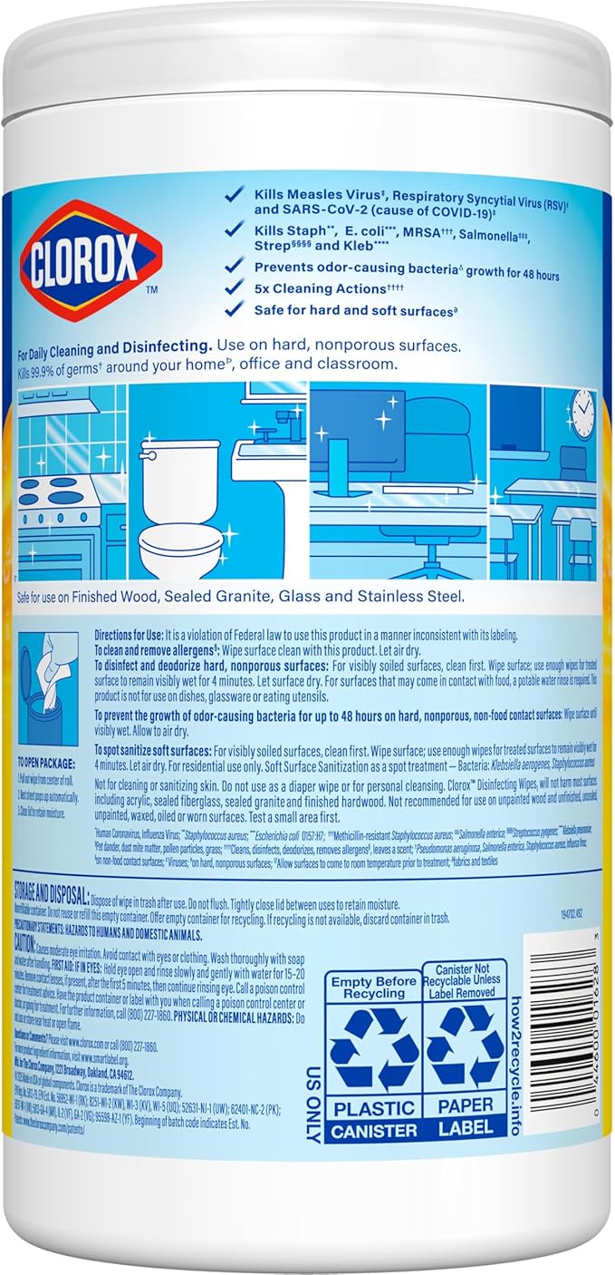 Clorox Disinfecting Cleaning Wipes, Bleach Free, Crisp Lemon, 75 Count (Pack May Vary)