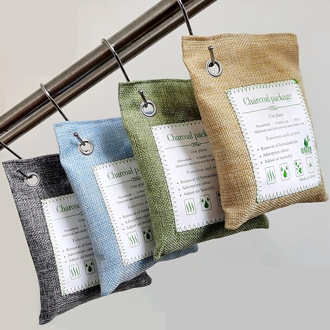 Bamboo Charcoal Bags Odor Absorber, 2 Packs 200g Charcoal Deodorizer Bags with Hooks, Nature Bamboo Charcoals Air Purifying Bags Activated Charcoals Odor Absorbers for Home Cars Pet Closet Bathroom