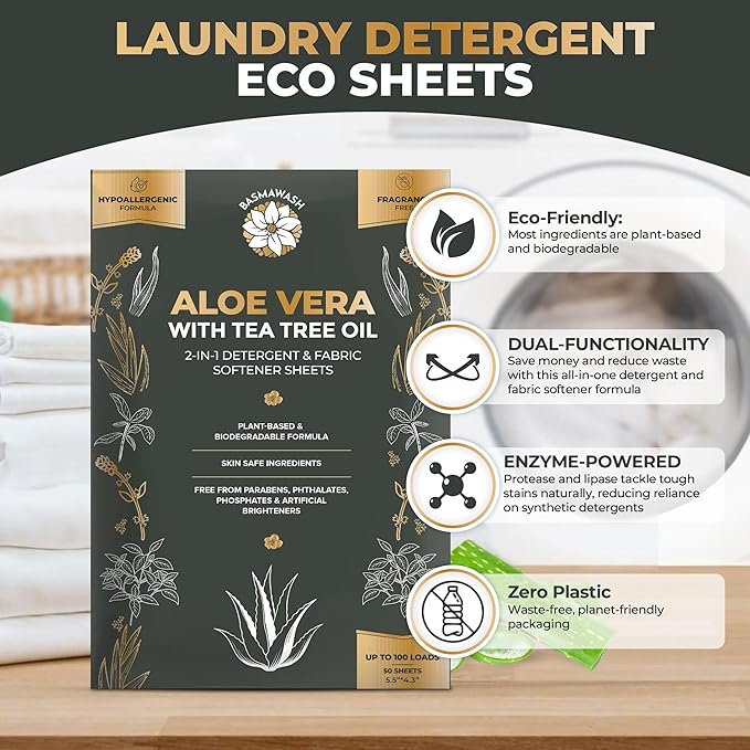 Natural Laundry Detergent Sheets & Fabric Softener | Eco-Friendly|Fragrance-Free & Hypoallergenic Up to 100 Loads | Aloe Vera & Pure Tea Tree Oil | Plant-Based, Biodegradable, Enzyme Powered,Baby Safe