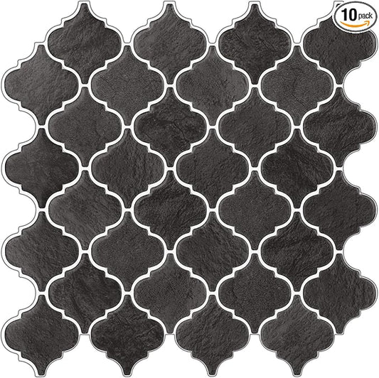 Arabesque Peel and Stick Backsplash for Kitchen, Thicker Design 3D Self Adhesive Wall Tiles, 12"x12" Peel and Stick Wall Tiles, Dark Grey 10-Sheet Stick on Tile for Kitchen and Bathroom.