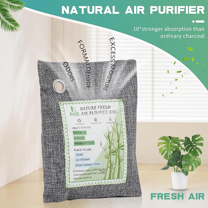 6 Pack Activated Charcoal Odor Absorber. Nature Fresh Bamboo Charcoal Air Purifying Bag Home Closet Air Freshener Deodorizer and Moisture Eliminator, Purifier for Closet, Shoe, Car Air freshener