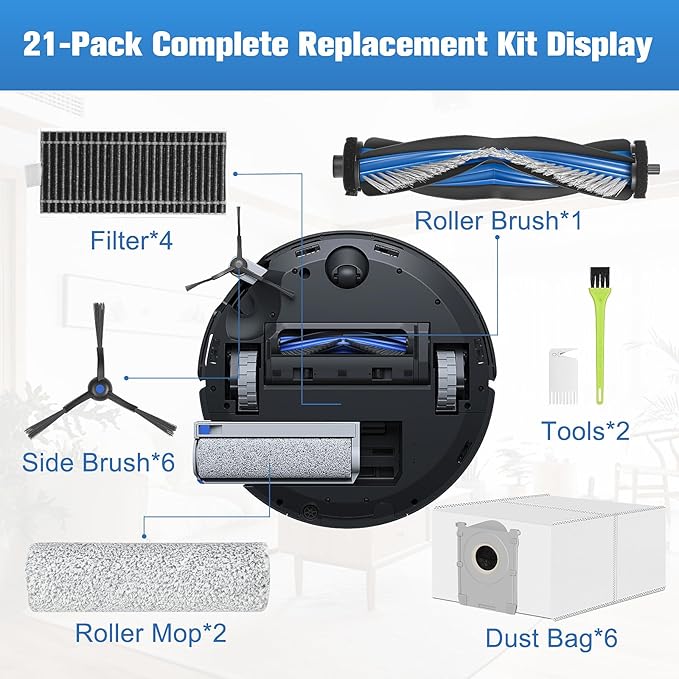 X8 OMNI Accessories Kit for ECOVACS DEEBOT X8 PRO OMNI Compatible with Yeedi S14 Plus Vacuum Cleaner, 21Pcs Replacement Parts, Main Brush, Roller Mop, Filters, Dust Bags, Side Brush, Tools