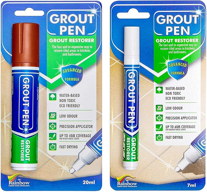 Grout Pen Tile Paint Marker: Waterproof Grout Colorant and Sealer Pen to Renew, Repair, and Refresh Tile Grout - Cleaner Coating Stain Pens - 2 Pack, 15mm Wide Terracotta and 5mm Narrow White Tip