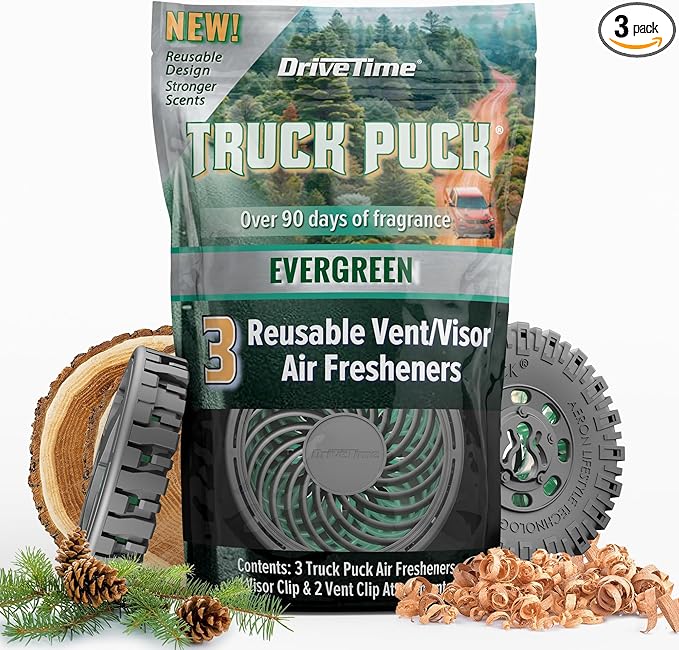 Drive Time Truck Puck Evergreen Fragrance Car Air Freshener – Long-Lasting Car Deodorizer, Refillable Vent & Visor Clip Auto Air Freshener for Car, Truck & SUV, Premium Fragrance, Pack of 3