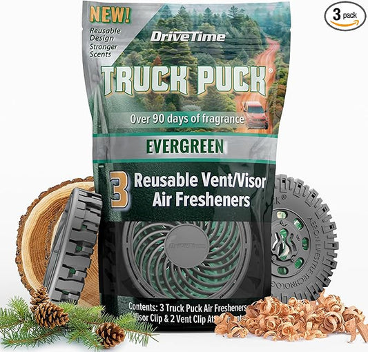 Drive Time Truck Puck Evergreen Fragrance Car Air Freshener – Long-Lasting Car Deodorizer, Refillable Vent & Visor Clip Auto Air Freshener for Car, Truck & SUV, Premium Fragrance, Pack of 3