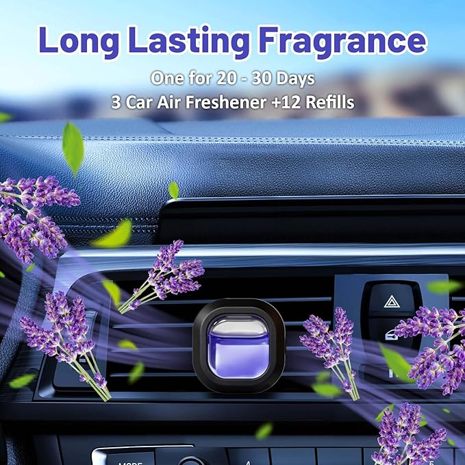 STRN Car Air Freshener, 12 Refills + 3 Square Vent Clips, 5 New Car & 5 Sea Breeze & 5 Lavender Scents, Long Lasting Air Fresheners Car Accessories Fragrance, Each Up to 20-30 Days